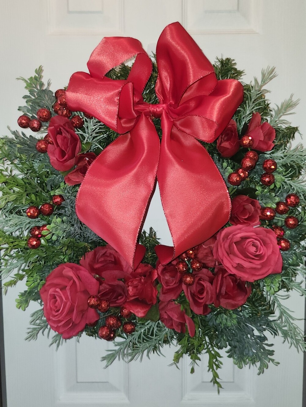Christmas Winter Green & Red Wreath W/ Wired Satin Bow, Approx 20" Diameter